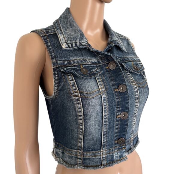 Y2K Mudd Cropped Micro Denim Vest Streetwear Casual Fitted Distressed Blue Jean - Picture 4 of 8